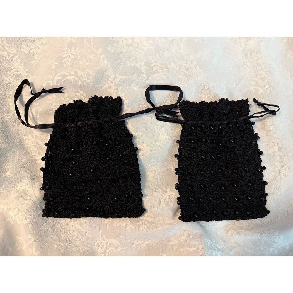Lot Of 2 Black Crochet Lace Beaded Knit Drawstring‎ Jewelry Holder Bag Pouch